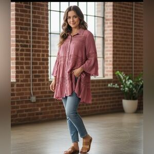Chic Mauve Crochet Detail Blouse‎ Bohemian Style